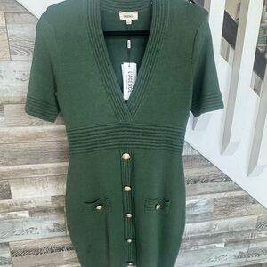 L'Agence Green Knit Dress with Gold Buttons